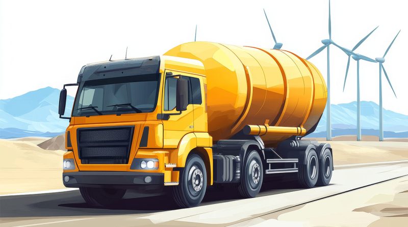 Cement mixer driving past wind turbines to support sustainable low-carbon cement article
