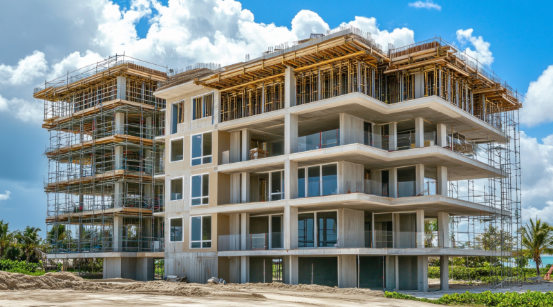 Construction site with multiple apartment buildings under development in spring 2025