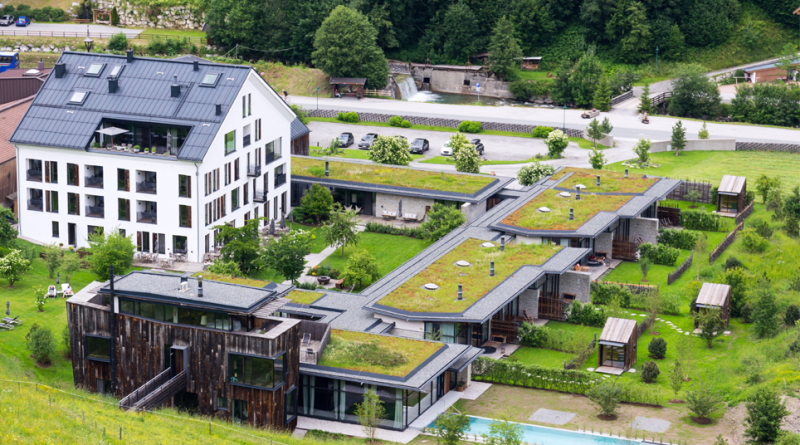 Aerial view of extensive green living sod roofs with vegetation