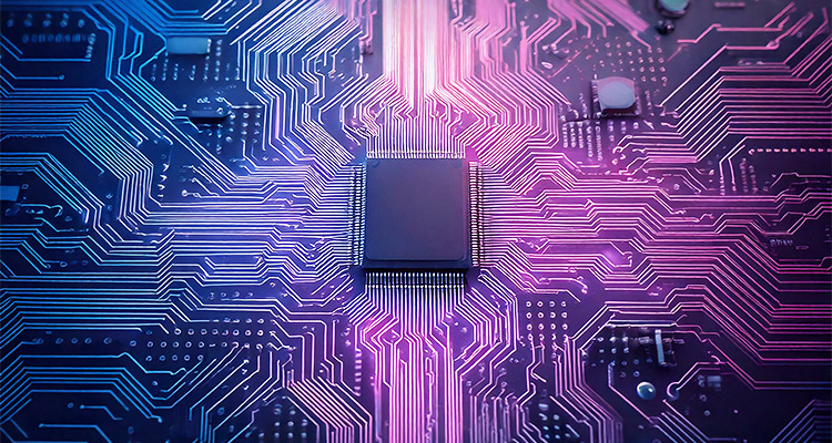 circuit board with softly shimmering pathways and glowing chips