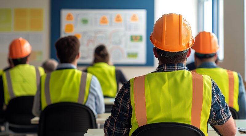 Construction workers attending a safety training course in a classroom