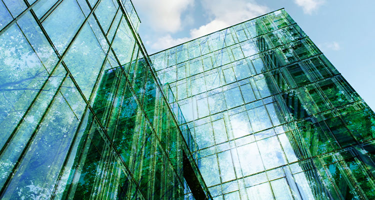 a modern glass building with reflections of lush green trees and a blue sky