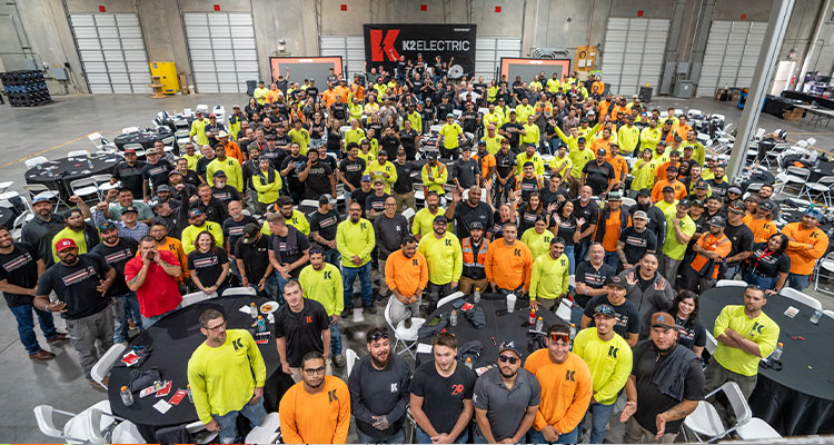an all-hands meeting of K2 Electric employees at their Prefabrication Facility.