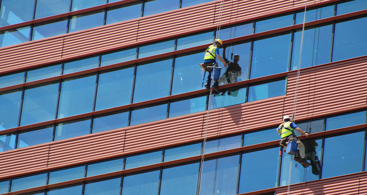 high-rise window cleaners working on a modern building
