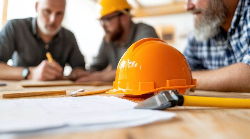 Government contractor team gathered around desk with hard hat and paper work to discuss compliance