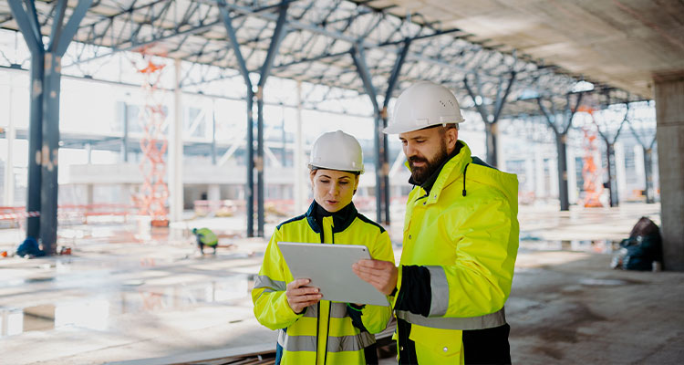 two construction workers, a man and a woman, wearing high-visibility jackets and hard hats, looking at a tablet on a construction site