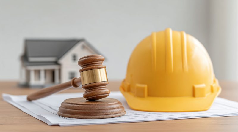 Construction hard hat next to gavel to support construction attorneys article