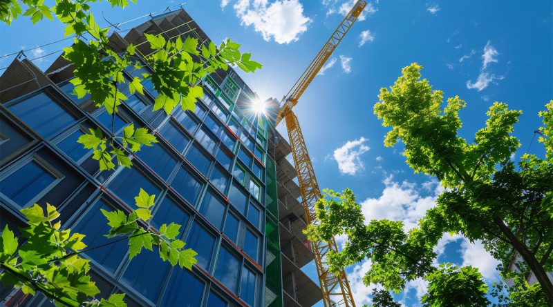A collage of sustainable construction materials including recycled steel, low carbon concrete, and mass timber used on a modern US jobsite