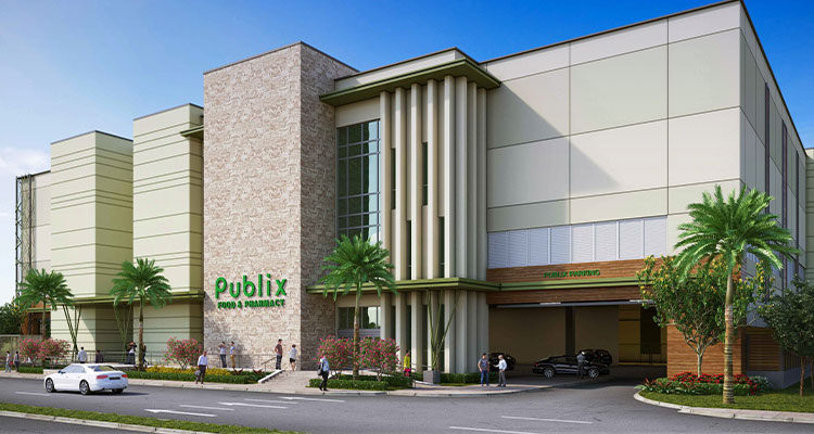 a modern, multi-story shopping center anchored by a Publix Super Market