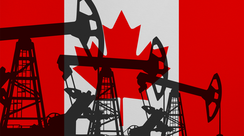 Silhouettes of oil pump jacks overlaid on the Canadian flag, symbolizing Canada's energy production sector