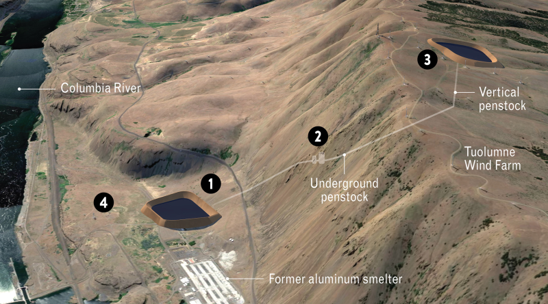 Construction site of a pumped hydro storage project near Columbia River Gorge with upper and lower reservoirs under development