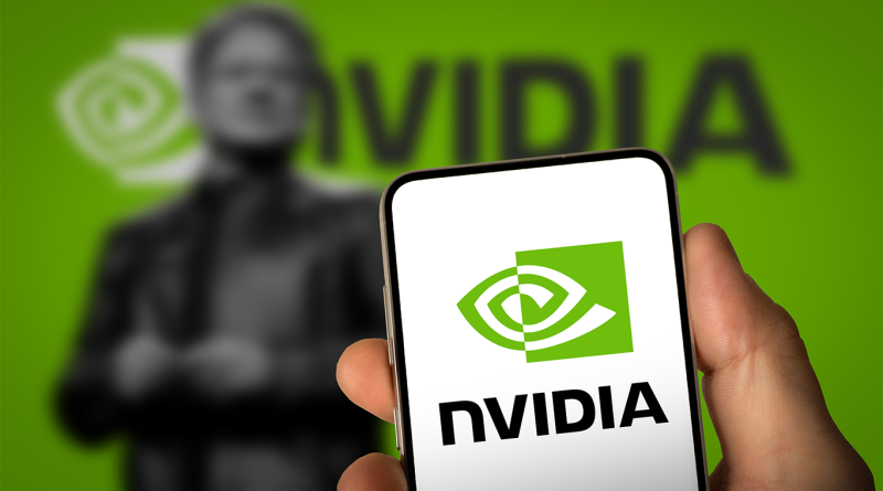 A hand holding a smartphone displaying the Nvidia logo, with a blurred background featuring the Nvidia brand and an indistinct figure in a leather jacket, symbolizing Jensen Huang.
