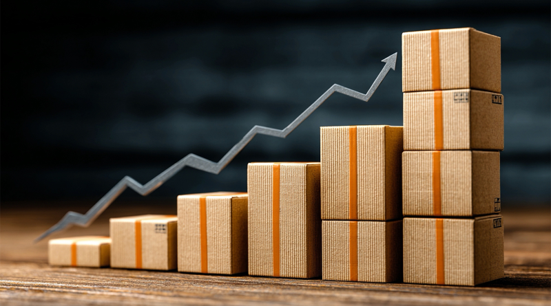 Stacked cardboard boxes arranged in ascending height with an upward-pointing arrow graph overlay, symbolizing rising costs or increasing prices in logistics, materials, or construction.